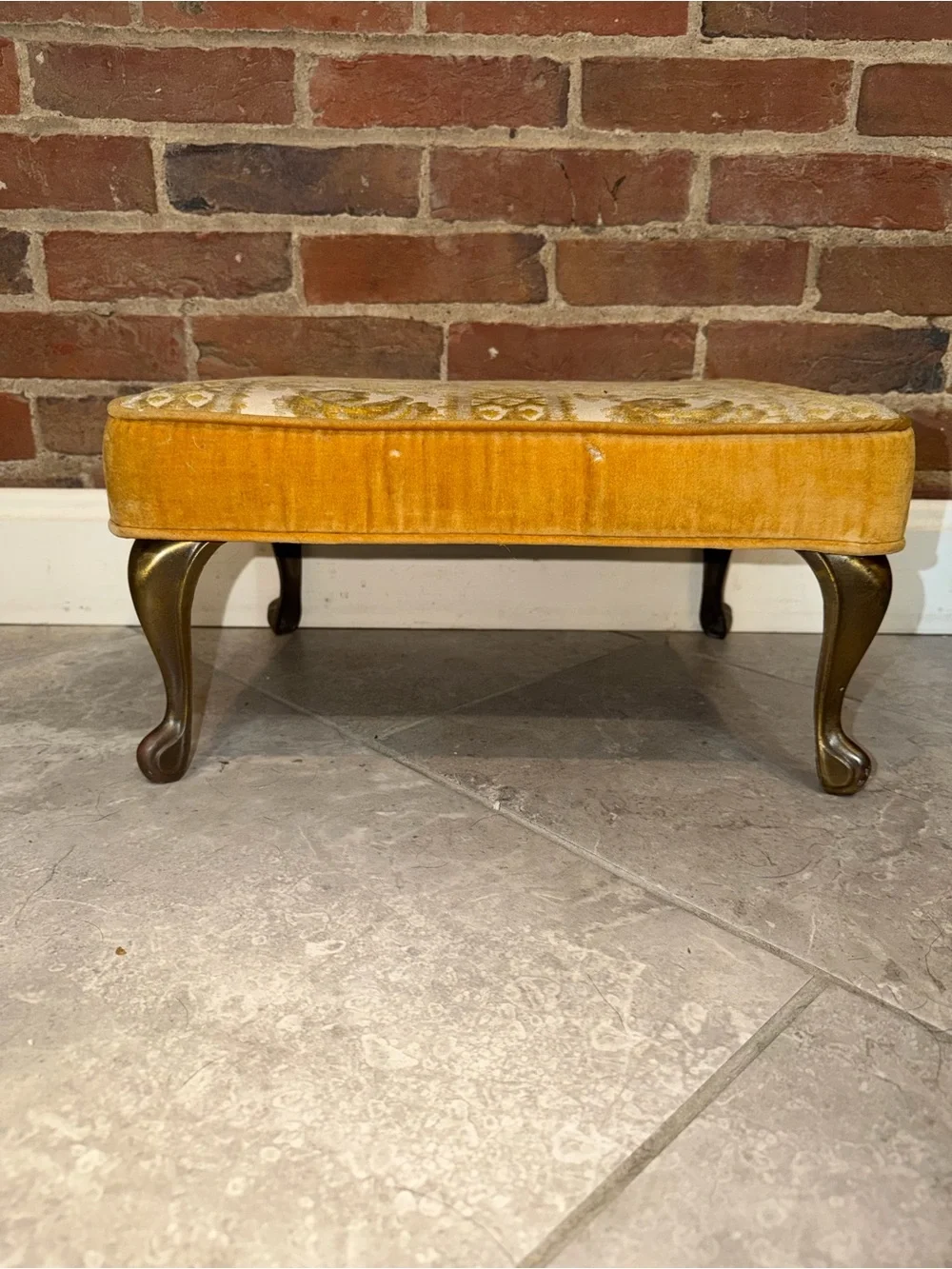 MCM‎ Small Gold Cut Velvet Brass Leg Footstool Ottoman